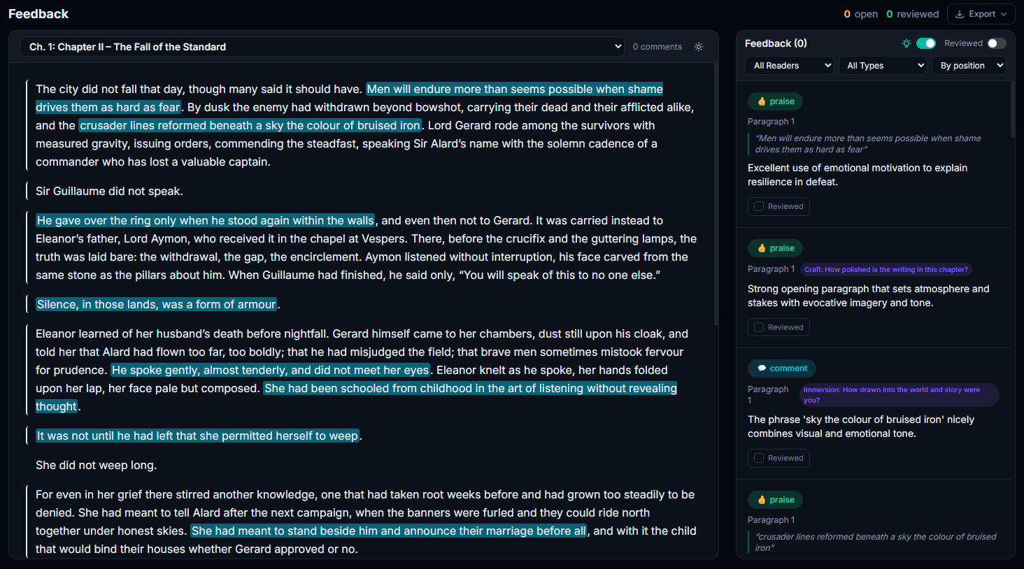 Beta reader feedback — inline highlights with praise, comments, and suggestions alongside your manuscript