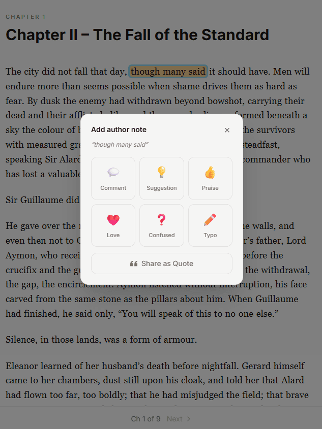 Clean reading interface with inline feedback — highlight text and tag comments by type